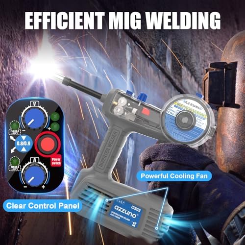 AZZUNO 100A Handheld MIG Welder & Welding Helmet Auto Darkening with True Color Large Viewing 3.94"×3.82", 110V Gasless MIG Welding Machine, Portable Wire Feed MIG Welder Machine
