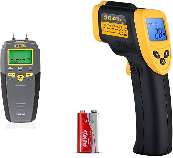 General Tools MMD4E Digital Moisture Meter, Grays & Etekcity Infrared Thermometer 1080, Heat Temperature Temp Gun for Cooking, Laser IR Surface Tool, Yellow