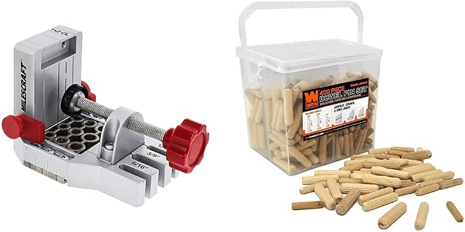 Milescraft 1334 Joint Master – Self-Clamping Aluminum Doweling Jig. Creates Edge & WEN JN400D 400-Piece Fluted Dowel Pin Variety Bucket with 1/4, 5/16, and 3/8-inch