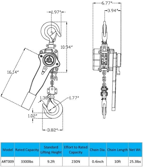 Lever Chain Hoist, 1.5 Ton / 3300 lbs Capacity, 10ft G80 Chain, Manual Ratchet Hoist for Lifting, Pulling and Binding Heavy Loads