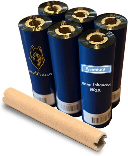 Wolfbarco 6 Rolls 4.33" x 243' (110mm x 74m) Premium Resin-Enhanced Wax Thermal Transfer Ribbon Black 1/2" Core CSO for Zebra GC420t, GK420t, GX420t, ZD421t, ZD621t, TLP2824 Desktop Barcode Printers