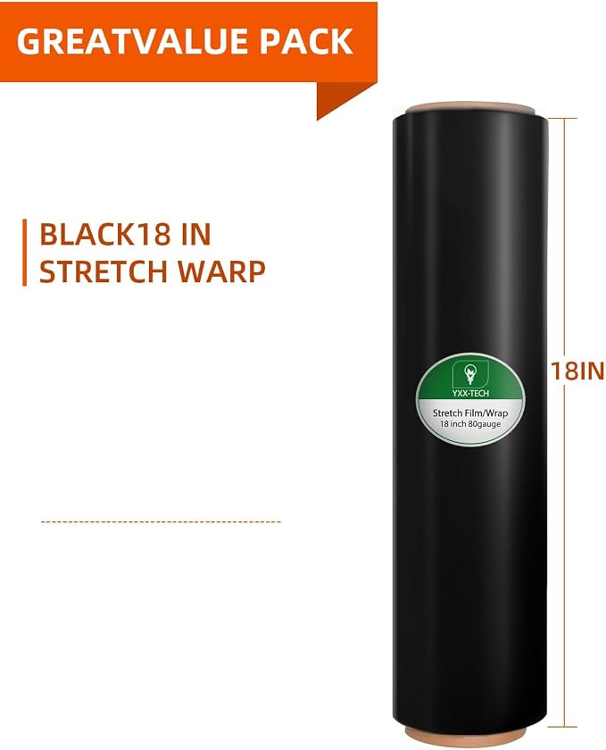 Black Stretch Wrap Film, Shrink Wrap 18in x 1500ft 4 Pack, Heavy Duty Privacy Pallet Wrap | Black film, Self-Adhesive Cling,, 80 Gauge Industrial Strength, for Privacy Moving Packing Shipping