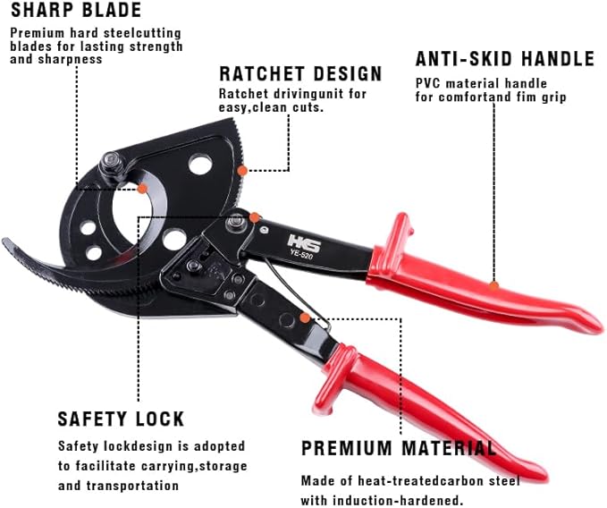 HKS Ratchet Cable Wire Cutter Heavy Duty for Cutting Electrical Aluminum Copper and Multi-core Cables up to 400mm²(AWG 750MCM)