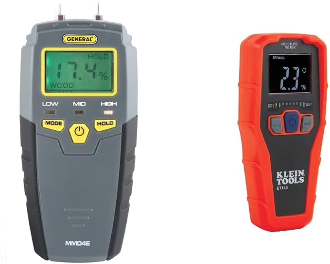 General Tools MMD4E Digital Moisture Meter, Grays & Klein Tools ET140 Pinless Moisture Meter for Non-Destructive Moisture Detection in Drywall, Wood, and Masonry; Detects up to 3/4-Inch Below Surface
