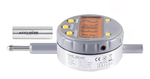 Accusize Industrial Tools 0-1/2'' by 0.00005'' Electronic Digital Indicator with Yellow LCD, 611H-1348Y | Inch/Metric Conversion, +/-0.015 mm Accuracy, 3/8 in Stem, 4-48 UNF, Data Output, Plastic Case, 611H-1348Y