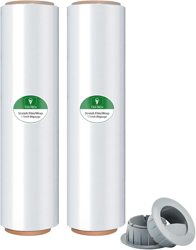 Stretch Wrap, Shrink Wrap Rolls 17in x 1500ft 2Pack, Heavy Duty Pallet Wrap | Clear, Self-Adhesive Cling, Includes Hand Grips, 80 Gauge Industrial Strength, for Moving Packing Shipping