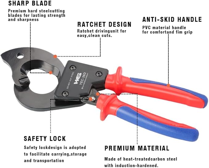 HKS Ratchet Cable Wire Cutter Heavy Duty for Cutting Electrical Aluminum Copper and Multi-core Cables up to 300mm² (AWG 600MCM)