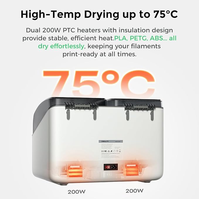 Creality Filament Dryer, Space Pi X4L Filament Storage Box for 4 Spools, Dual Independent Heating Chambers, 75℃ Max Temperature, Compatible with 1.75mm 2.85mm PLA PETG ABS TPU PC PA PAHT