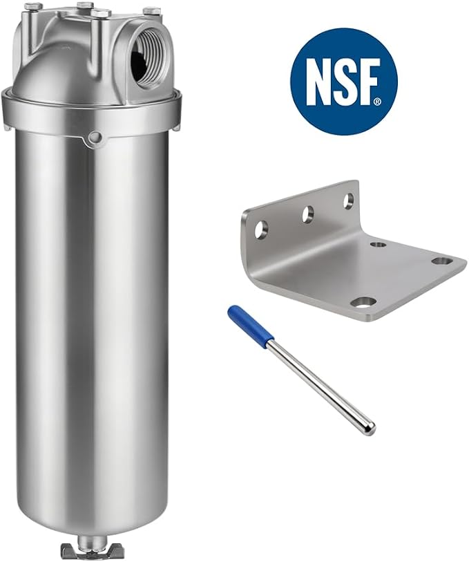 NSF/ANSI 42 Stainless Steel Whole House Water Filter Housing, 10" x 2.5" Sediment Water Filter System for Heavy Duty, Well & City Water, 1/2" NPT Port, Drain Valve Style A(Wing)