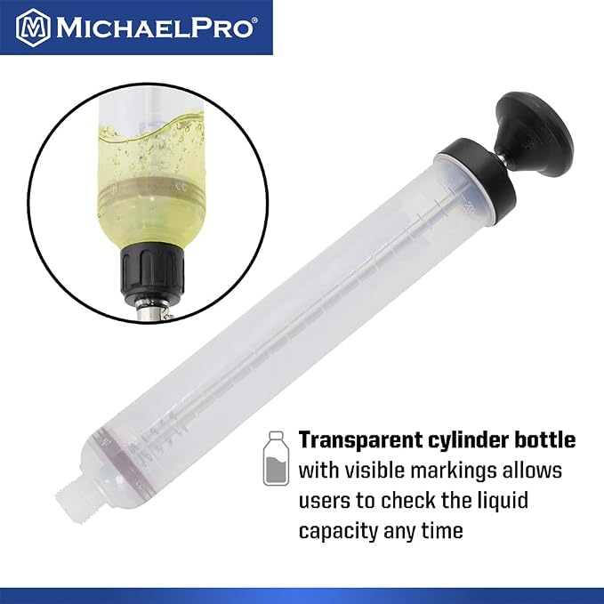 MichaelPro Fluid Extractor and Oil Pump for Oil Transfer, 200cc Fluid Pump Syringe to Extract and Refill, Anti-Leak Cap, Transparent Cylinder & Clear Markings for Intuitive Liquid Changing - MP009082