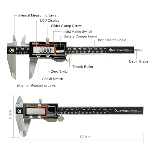 KETOTEK Digital Caliper Measuring Tool, IP54 Waterproof Stainless Steel Electronic Vernier Caliper 6 Inch/150mm Digital Micrometer with Large LCD Screen