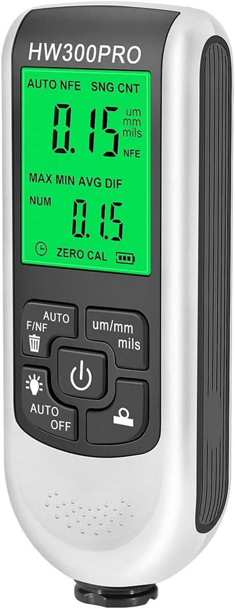 Paint Thickness Gauge Meter Fe/NFe Probe Coating Thickness Gauge Professional Multifunctional Car Paint Depth Gauge Test Precise HW-300PRO for Car Automatic Detection(white)