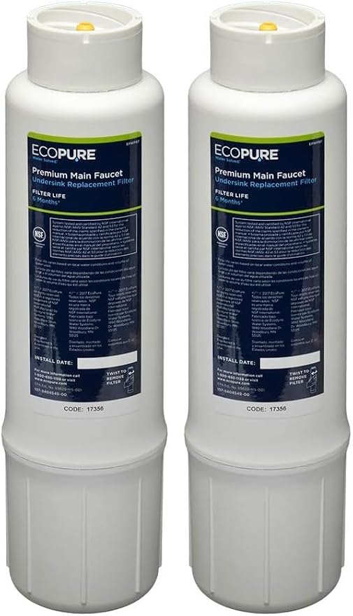 EcoPure EPWPRF Premium Main Faucet Drinking Water Replacement Filter, White, 1 Count (Pack of 2)