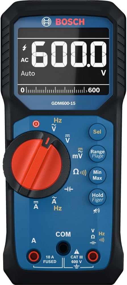 BOSCH GDM600-15 Digital Multimeter, True RMS Electrical Tester, CAT III 600V AC/DC Voltmeter and Amp Meter with Temperature, Capacitance, IP65 Rated, for HVAC, Automotive, and Electrical Use