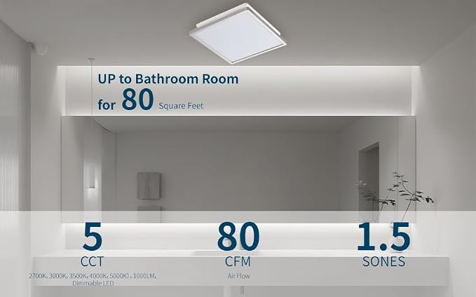 Tech Drive Bathroom Exhaust Fan with Light,80 CFM, 4 Inch Duct | Super Quiet 1.5 Sone ,1000lm Dimmable 3CCT LED Light, Energy Star Ventilation Fan, White