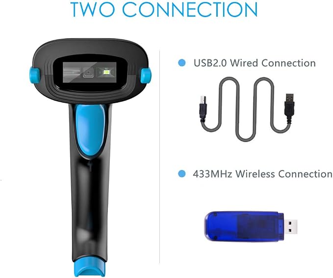 NADAMOO QR Code Scanner Wireless 2D Barcode Scanner With Stand Supports Screen Scan Handheld CMOS Imager Long Range Portable USB Bar Code Reader with Auto Sensing Read 1D 2D QR Code PDF417 Data Matrix