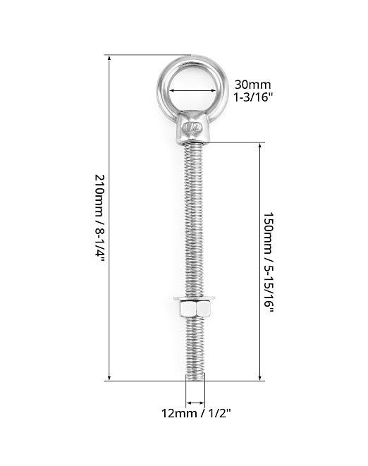 QWORK Machinery Eye Bolt with Shoulder, 5 Pack 1/2"x6" Long 316 Stainless Steel Marine Grade Thread Machinery Shoulder Lifting Ring Eye Bolts