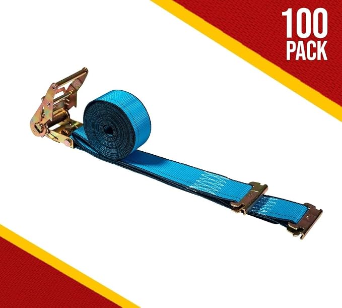 Mytee Products (100 Pack 2'' x 20' E Track Straps w/Spring E-Fittings - Blue Ratchet Etrack Straps w/Heavy Duty 4000 lbs Breaking Strength for Enclosed Trailers, Trucks & Vans