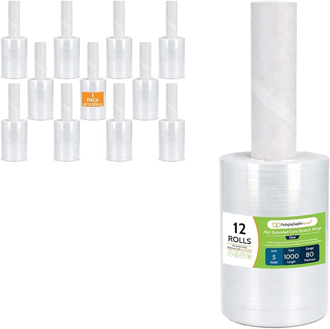 PSBM Mini Plastic Stretch Wrap Film with Handles 5"x1000' 80 Gauge 12 Rolls | Extended Core Handles, Heavy Duty Upto 500% Strength Plastic Shrink Film for Moving, Packing, Shipping & Industrial Packaging