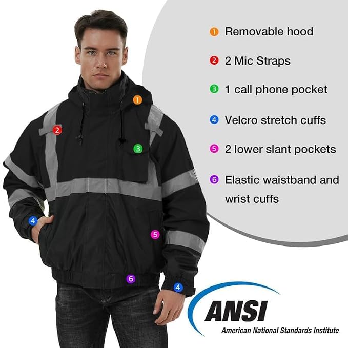 SKSAFETY 3-in-1 High Visibility Winter Bomber Jackets Zip Out Fleece Liner Reflective Safety Coats for men Waterproof ANSI/ISEA Class 3(Black 6XL)