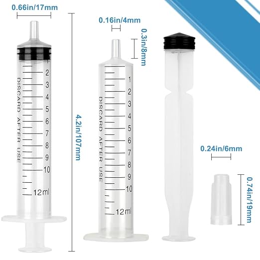 12 Pack 12ml/cc Plastic Syringe with Tip Cap, Small Sterile Syringe Individually Sealed, for Scientific Labs, Measuring, Watering,refilling, Pets,Oil or Glue Applicator