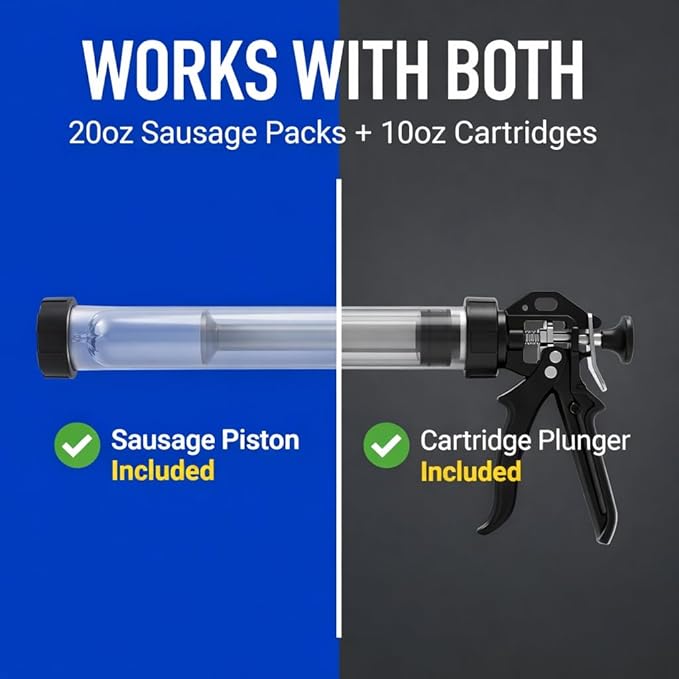 Heavy Duty Caulking Gun | 12:1 Manual Caulk Gun | 20oz Sausage Foil Pack Cartridges 600ml | No Drip Professional Calking for Painters, DIYers, Automotive, Contractors