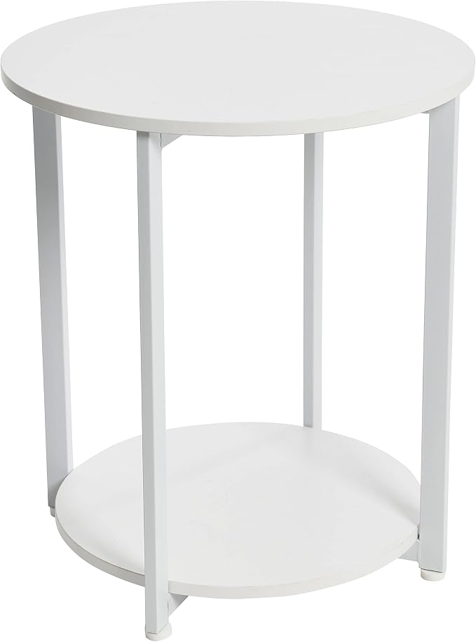 Household Essentials Round Side End Table with Storage Shelf in Scandinavian Wood Grain and Metal Frame, White