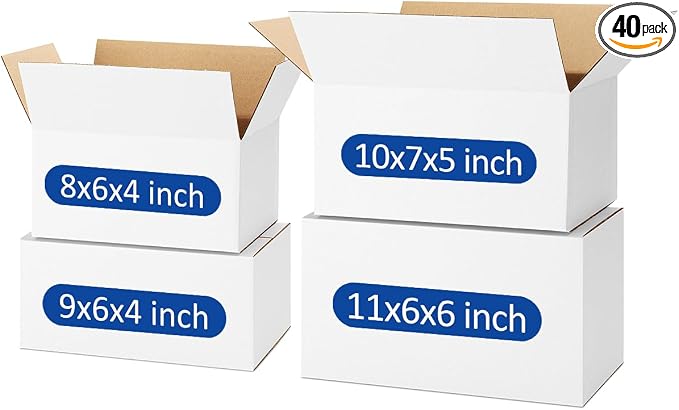 Assorted-Sizes-Shipping-Boxes-40-Pack: 8x6x4 & 9x6x4 & 10x7x5 & 11x6x6 Small-Shipping-Boxes-Mailers, White Corrugated-Cardboard-Boxes-for-Packing-Small-Business Mailing