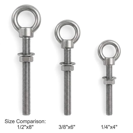 QWORK 3/8"x6" Stainless Steel Shoulder Eye Bolts – 10 Pack Machine Thread Set with Nuts for Metal Frame, Rigging & Cable Mounting