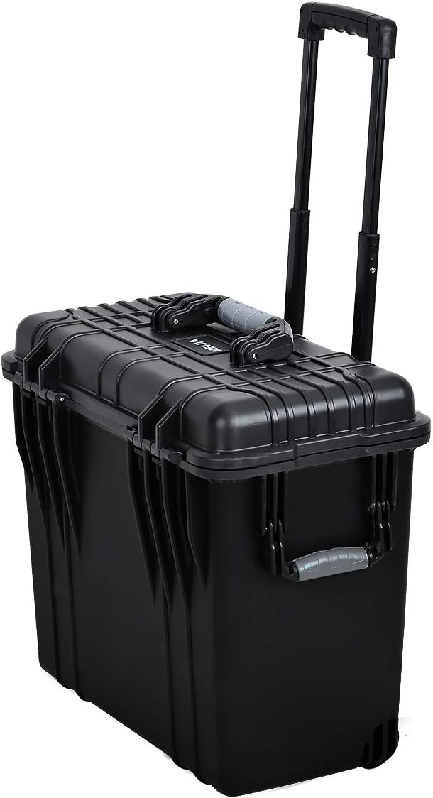 MEIJIA Waterproof Portable Equipment Hard Case With Retractable Pull Handle And Rolling Wheels,Customized Fit Foam Inserted, Elegant Black, Fit For Drones,Rifle,Camera,Lens,19.88X12.01 X18.11 inches