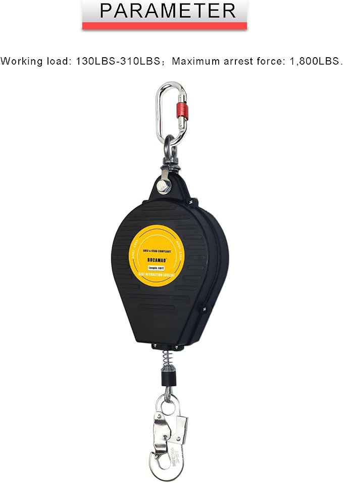 Swivel Top Self Retracting Lifeline, BUCAMAO 66FT Retractable Lanyard, SRL | Steel Wire, Srl Fall Protection, Retractable Safety Lanyard, Safety Harness Yoyo, Fall Protection Kit, Fall Arrestor
