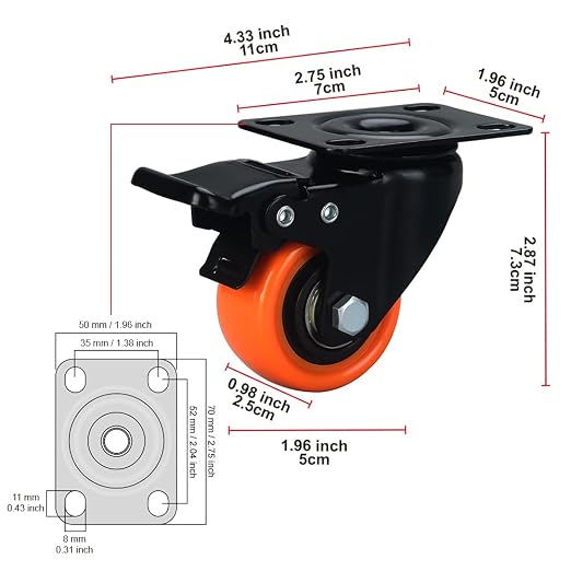 2" Caster Wheels, Casters Set of 4 Heavy Duty - ASRINIEY Orange PU Castors, Top Plate Swivel Wheels, 4-Pack Industrial Casters with Brake, Locking Caster for Furniture and Workbench