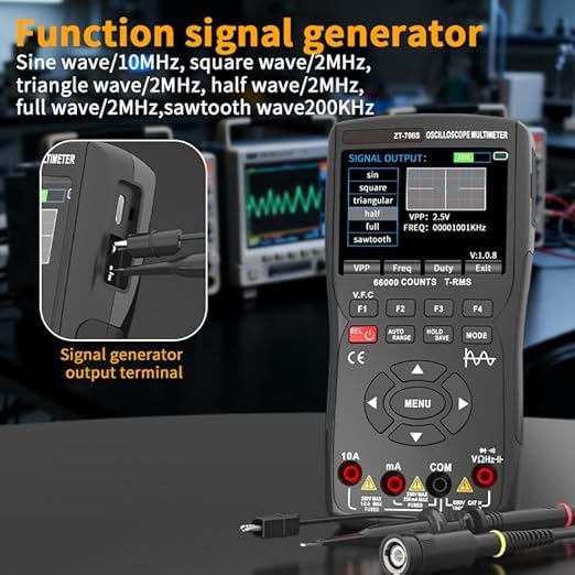 706S 3-in-1 Handheld Oscilloscope Multimeter DDS Signal Generator, 2 Channel 50MHz Bandwidth 280MSa/s Sampling Rate, 66000 Counts Multimeter with VFC, Diode Test & Waveform Recording