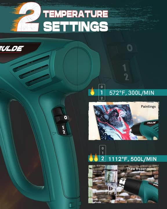 PRULDE Heat Gun, 1500W Dual Temperature Settings 572°F~1112°F Fast Heating Hot Air Gun with 6.5Ft Power Cord/4 Nozzles/Overload Protection for Crafts, Shrink Wrapping/Tubing, Paint Removing(N2190)