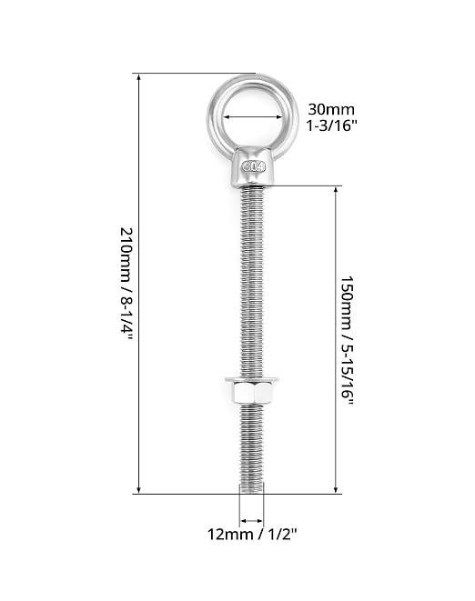 QWORK Threaded Eyebolts, 10 Pack 1/2"x6" Long Stainless Steel Marine Grade Shoulder Eye Bolt