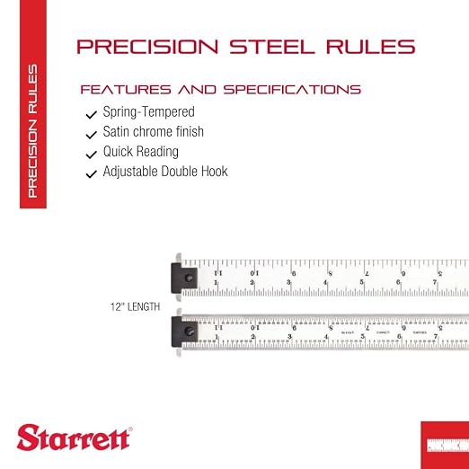 Starrett Spring Tempered Steel Rule with Satin Chrome Finish, Quick Reading, and Inch Graduation - 12" Length, 4R Graduation Type, 3/64" Thickness - CD604R-12