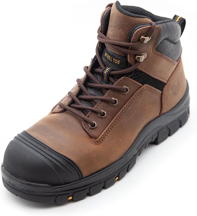 Men's Work Boots, Crazy Horse Leather, Steel Toes Mens Work Shoes, Non Slip Lace Up Protective Shoes, 6 Inch, Anti-Smashing,Anti-Fatigue (AT508, Brown)