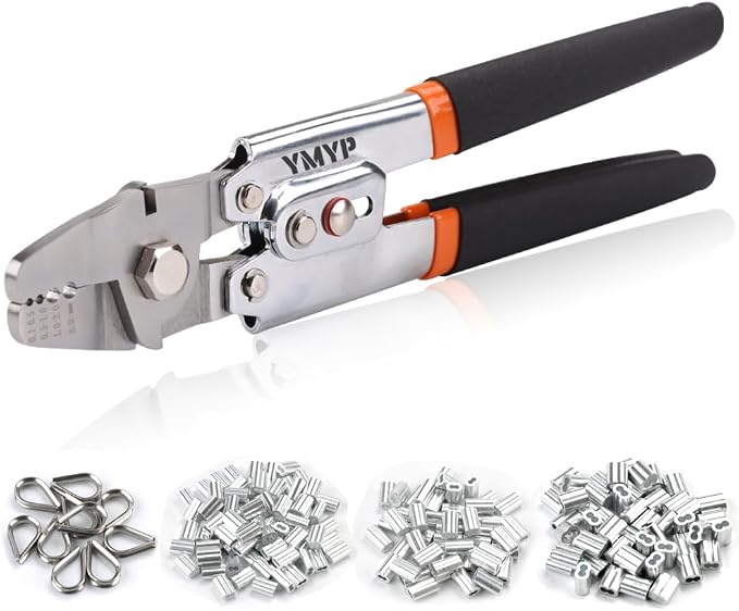 Up to 2.2mm Wire Rope Crimping Tool with 180 Pcs Sleeves & 10 Pcs Stainless Steel Thimbles Kit, 3 Sizes Aluminum Double Barrel Ferrule, Swaging Tool for Fishing Lines with Cutting Function