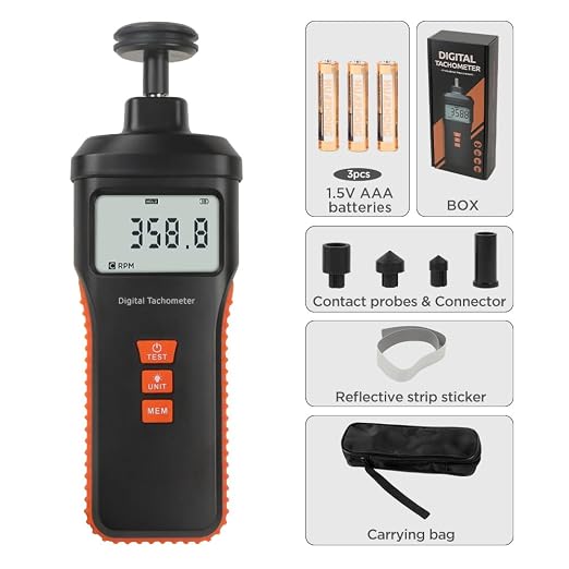 Tachometer Contact & Non-contact Digital Tachometer 4 Test Mode Laser Photo Tachometer 1.0～99999RPM High Accuracy RPM Tachometer with 4 Contact Probes, Backlit Display, Data Memory/Hold,Auto Power Off