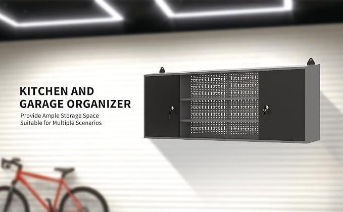 JZD Metal Garage Storage Cabinets Wall Mount with 2 Removable Shelves, Two Lockable Doors, and 22 Hooks for Tool Organization, Black & Grey