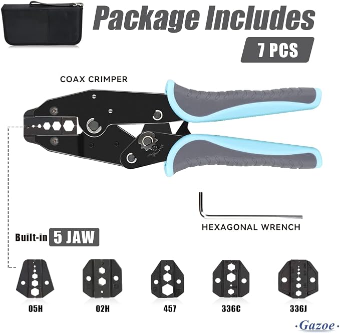 Coax Ratchet Crimping Tool Set for Coaxial RG Cable RF Connector with 5 Changeable Jaws