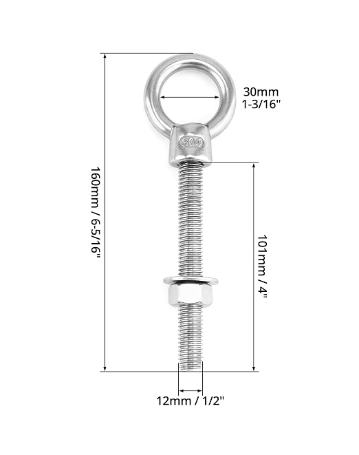 QWORK 304 Stainless Steel Shoulder Eye Bolts 1/2"x4", 5 Pack Marine & Rigging Hardware for Wood, Metal & DIY Projects