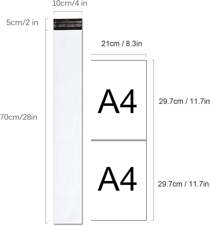 Unique Poly Mailers 4x28 Inch 50 Pack Envelopes Bag for Long Items,White Self Sealing Waterproof Mailing Shipping Bags