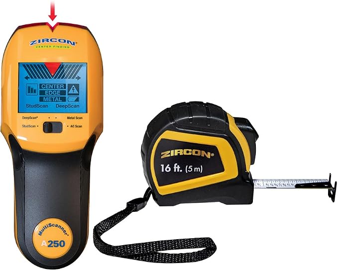 Zircon MultiScanner A250 All-in-One Stud Finder & Wall Scanner with Bonus Tape Measure — Metal Detector + Live AC Wire Scanner with ACT, SpotLite Pointer & 4 Scan Modes