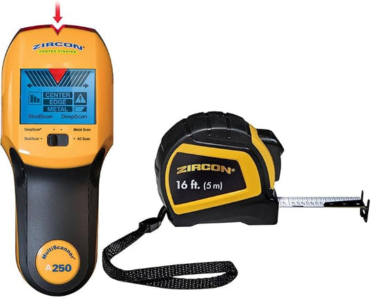 Zircon MultiScanner A250 All-in-One Stud Finder & Wall Scanner with Bonus Tape Measure — Metal Detector + Live AC Wire Scanner with ACT, SpotLite Pointer & 4 Scan Modes
