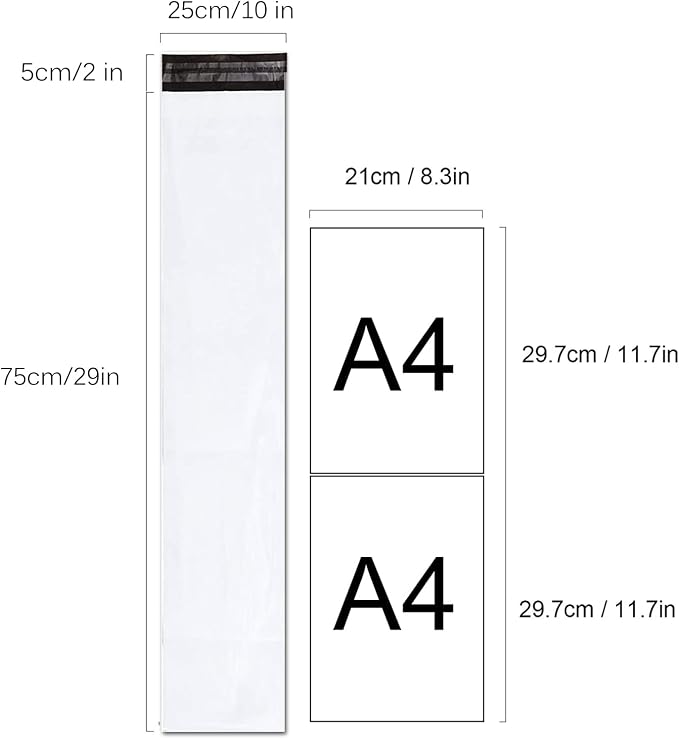 Unique Poly Mailers 10x30 Inch 50 Pack Envelopes Bag for Long Items,White Self Sealing Waterproof Mailing Shipping Bags