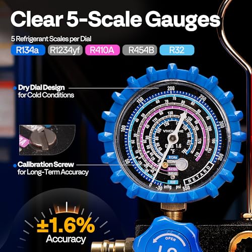 VIVOHOME HVAC Manifold Gauge Set for R134a R1234yf R454B R410a R32 with 5ft Hoses Quick Couplers and Can Taps and 110V 1/4 HP 3.5 CFM Single Stage Rotary Vane Air Vacuum Pump with Oil Bottle