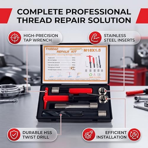 M18x1.5 Thread Repair Kit, 10 Pcs Helicoil Thread Repair Kit Thread Chaser Set, Portable Thread Metric Inserts Repair Kits Helicoil Thread Repair kit, Compatible Hand Tool Set for Auto Repairing