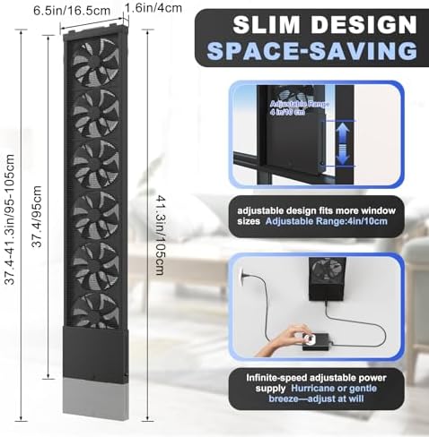 AMSXNOO 37.4-41.3" Vertical Window Exhaust Fan with Power Cord, Punch-Free Installation Variable Speed Vent Fan for Livingroom Bedroom Bathroom Kitchen Office