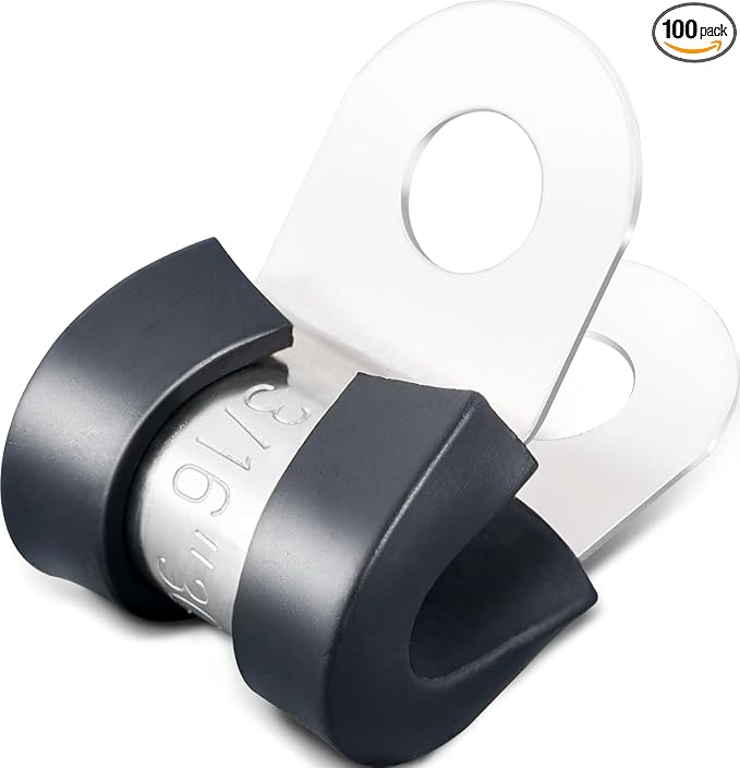 OURU 100PCS Cable Clamps 3/16 Inch 304 Stainless Steel Cable Clamps Rubber Coated Cushioned Insulated Cable Clamp,Automotive Wire Clamps,Pipe Clamps,Metal Clamp for Tube,Wire Cord Installation(5mm)